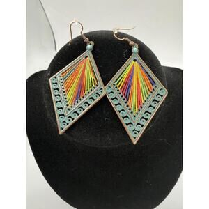 Thread Art Earrings, Diamond Shape Patinated Metal Frame, Artisnal, Bohemium